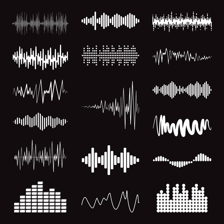 Vector 黒の背景に大きなコレクション白い音楽波分離オーディオ ロゴ パルス プレーヤー イコライザー シンボル サウンド デザイン要素のベクトルを設定