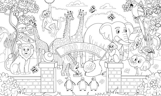 動物園の動物が描かれた大きな塗り絵動物園の動物はパンダキリン象ゼブラ象を設定します
