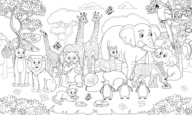 Big coloring book with zoo animals Zoo animals set Pandas giraffes elephants zebras style for kids