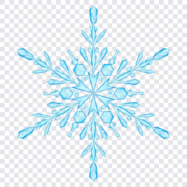 Большая сложная полупрозрачная хрустальная рождественская снежинка светло-голубого цвета на прозрачном фоне