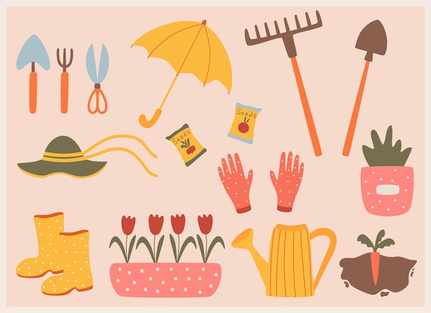 Vector big cute multicolored set of garden supplies vector illustration