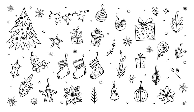 big cute set of christmas design elements in doodle style