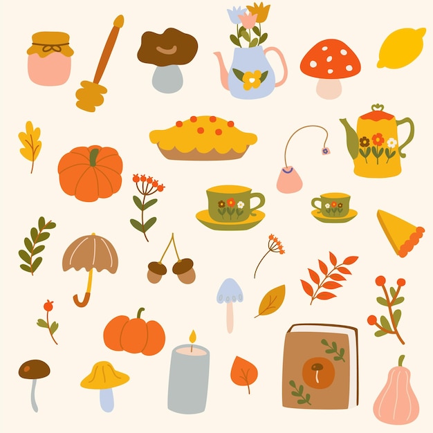 big cute set of fall things vector illustration