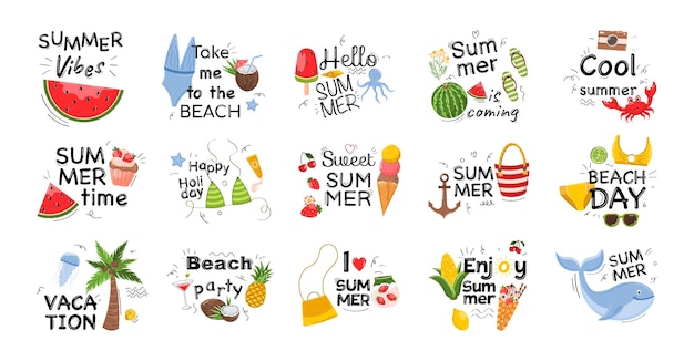 Vector big cute set of summer labels stickers logos hand drawn tags and elements for summer vacation