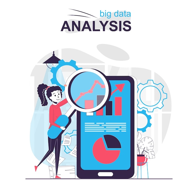 Big data-analyse geïsoleerd cartoon concept vrouw analyseert bedrijfsstatistieken in mobiele app