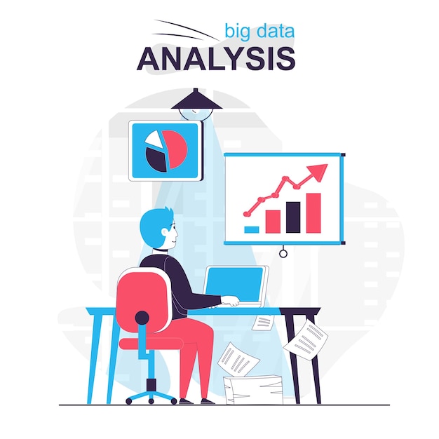 Vector big data-analyse geïsoleerd cartoonconcept analist werkt met grafieken en diagrammen op kantoor