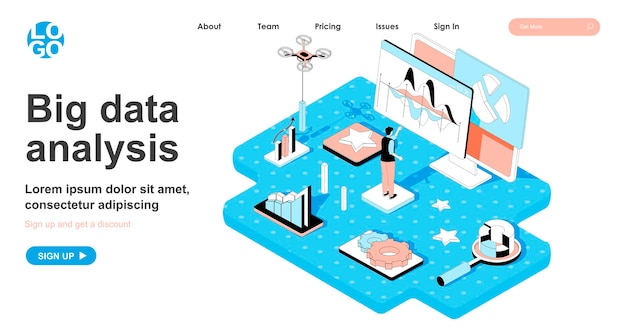 Big data-analyse isometrisch concept in 3d-ontwerp voor bestemmingspagina