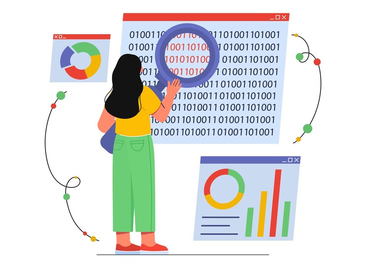 Vector big data-analyse met loepconcept jong meisje met vergrootglas analyseert getallen werken met statistieken en infographics marketingonderzoek en presentatie cartoon platte vectorillustratie