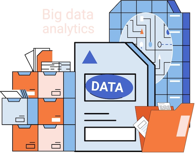 Vector big data-analyse proces van het analyseren van complexe gegevensbronnen voor effectieve metafoor voor zakelijke beslissingen