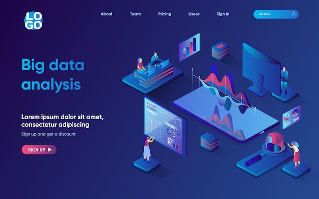 Big data analysis concept 3d isometric web landing page People making financial reports and market