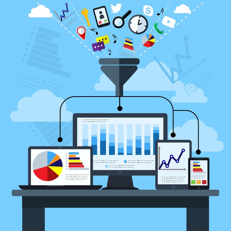 वेक्टर big data analysis flat icon creative concept illustration, laptop, personal computer, information, on blue background, for posters and banners
