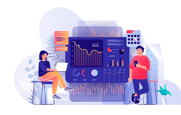 Big data analysis scene illustration of people characters in flat design concept