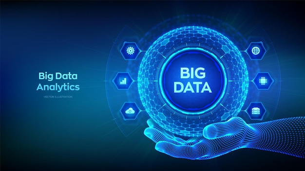 Big data analytics Big data innovatie technologie concept Blockchain netwerkanalyse kunstmatige intelligentie zeshoekige raster bol in wireframe hand op blauwe achtergrond vectorillustratie