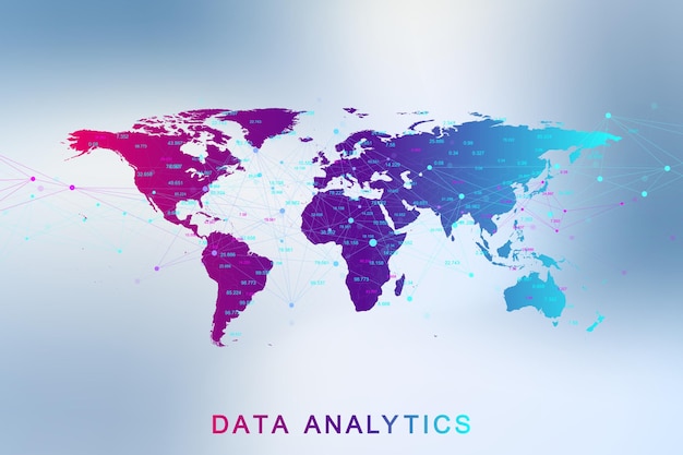 Big data analytics and business intelligence. Digital analytics concept with graph and charts. Financial schedule World Map infographic. Vector illustration.