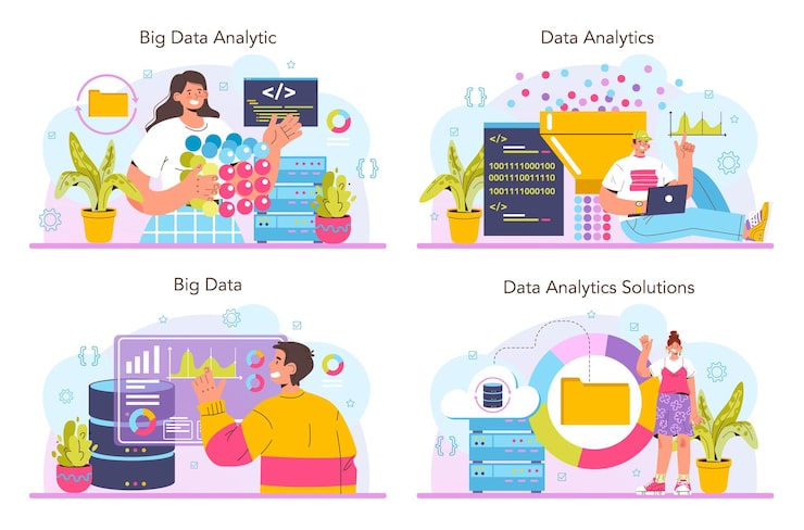 Vector big data analytics set. big data from different sources chart or graph visualization and analysis. making report for optimization. vector flat illustration