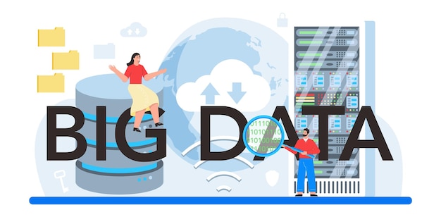 ビッグデータ分析の活字ヘッダーチャートとグラフ図リサーチクラウドテクノロジー最適化のためのレポートの作成ベクトルフラットイラスト