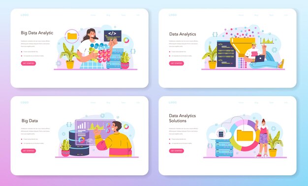 Big data analytics web banner or landing page set. big data from different sources chart or graph visualization and analysis. making report for optimization. vector flat illustration