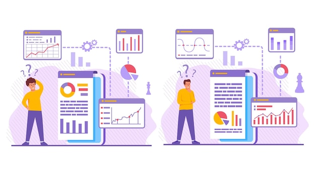 Vector big data and cloud computing file management man working with big data worker making analysis