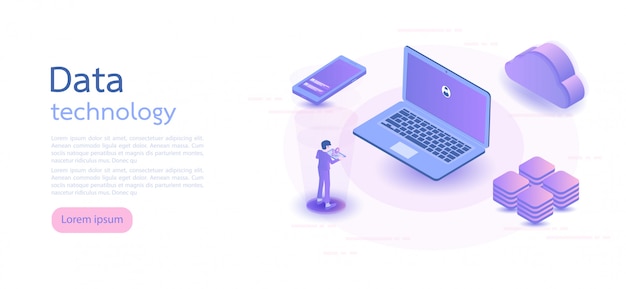 Big data, cloud information storage, global transferring technology.  isometric vector illustration.