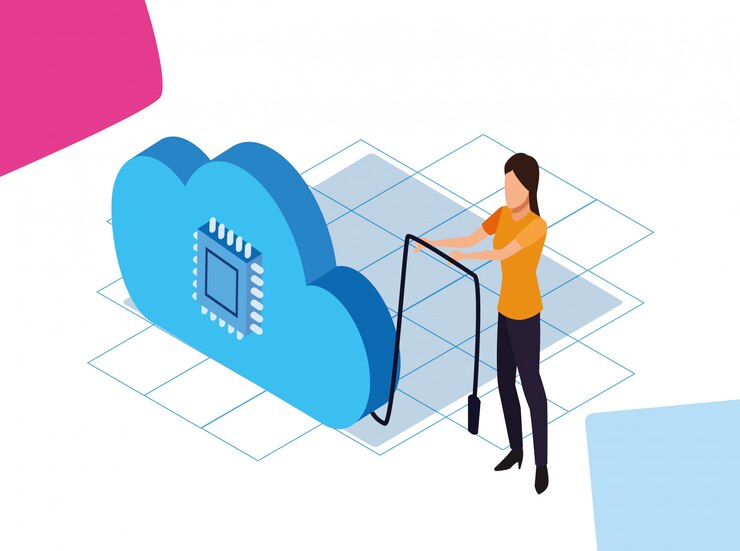 Vector big data colorful design with cloud storage and woman standing