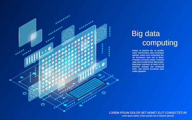 Big data computing, informatie die platte 3d isometrische concept vectorillustratie analyseert