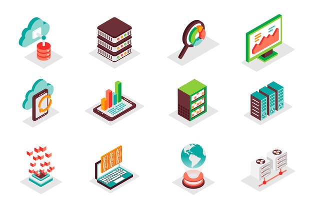 Big data concept 3d isometric icons set pack isometry elements of cloud computing storage server database datacenter analysis statistics and other vector illustration for modern web design