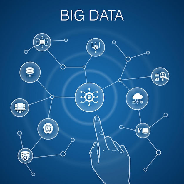 Concetto di big data sfondo blu database intelligenza artificiale comportamento utente icone del centro dati