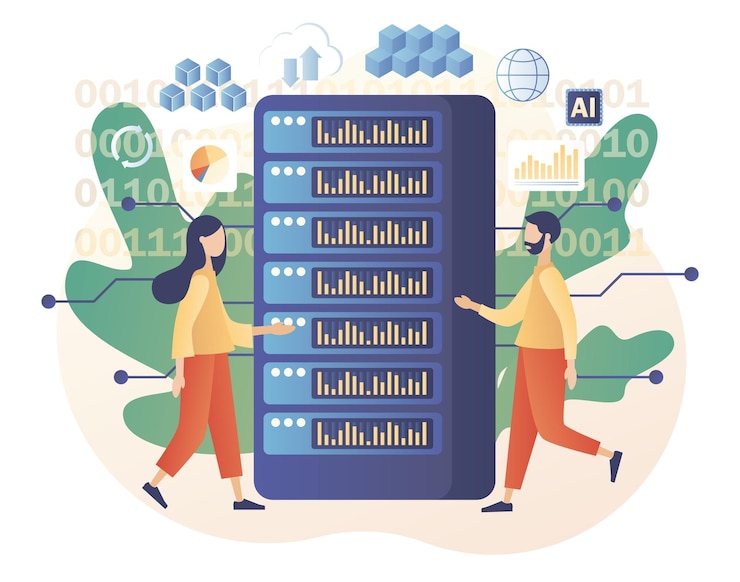 Vector big data concept. tiny character data engineers. data science and jobs. data analysis. developer