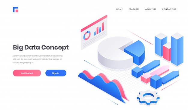 Big data concept website or landing page design with 3d infographic elements