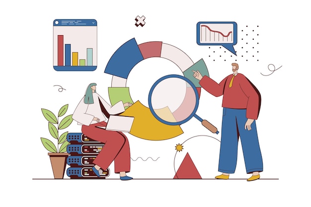 Vettore concetto di big data con situazione di carattere in design piatto l'uomo e la donna analizzano il diagramma delle statistiche e ricercano i grafici di riferimento che fanno il rapporto finanziario illustrazione vettoriale con scena di persone per il web