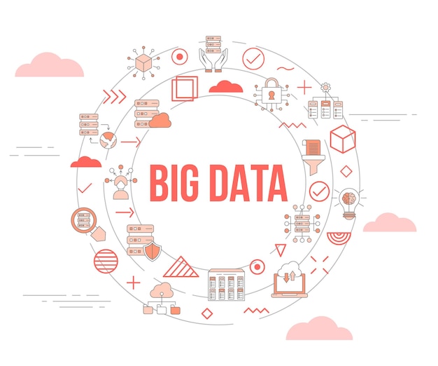 Concetto di big data con banner modello set di icone e forma rotonda circolare