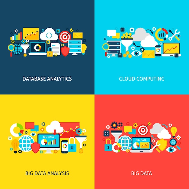 Concetti di big data. illustrazione vettoriale di design piatto. raccolta di poster di analisi aziendale.