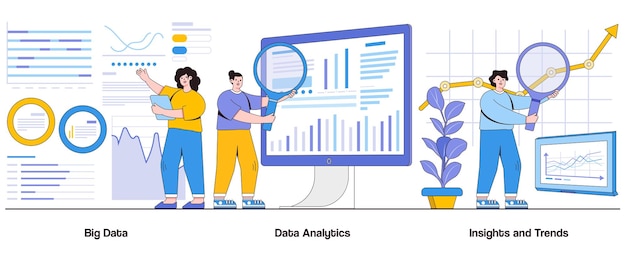 Vettore big data data analytics insights and trends concept with character datadriven decisions abstract vector illustration set information analysis business intelligence metafora