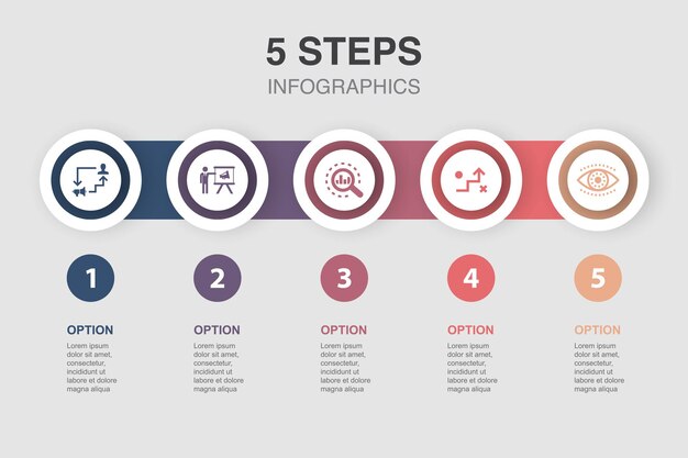 Big data database algoritmo di aggregazione dei dati icone di intelligenza artificiale modello di layout di progettazione infografica concetto di presentazione creativa con 5 passaggi