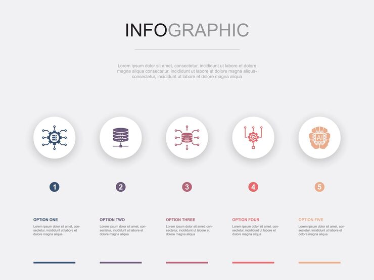 Vector 빅 데이터 데이터베이스 데이터 집계 알고리즘 인공 지능 아이콘 인포그래픽 디자인 템플릿 크리에이티브 컨셉(5단계 포함)