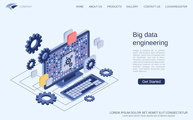 Illustrazione di concetto di vettore isometrico 3d piatto di elaborazione delle informazioni di ingegneria dei big data