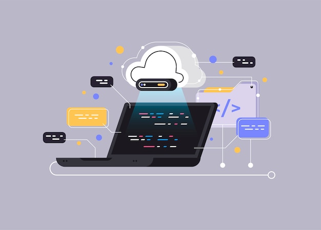 Concetto di elaborazione del flusso di grandi quantità di dati, database cloud.