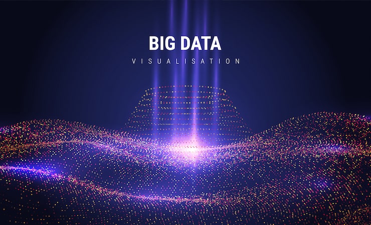 Vector big data. futuristic info graphics aesthetic design. visual information complexity. intricate data threads plot. business analytics representation. wave points fractal grid. sound visualization.