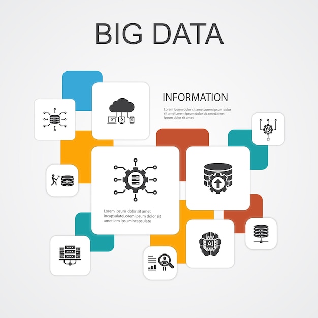 Big data infographic 10 lijn pictogrammen sjabloon. database, kunstmatige intelligentie, gebruikersgedrag, datacenter eenvoudige pictogrammen