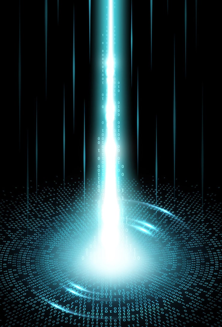 Vector 빅 데이터 인터넷 기술. 디지털 네트워크 스트림 웨이브 배경입니다. 정보 흐름, 컴퓨터 프로그램 코드 및 데이터 전송 벡터 개념, 이진 코드에서 폭발하는 파란색 네온 광선