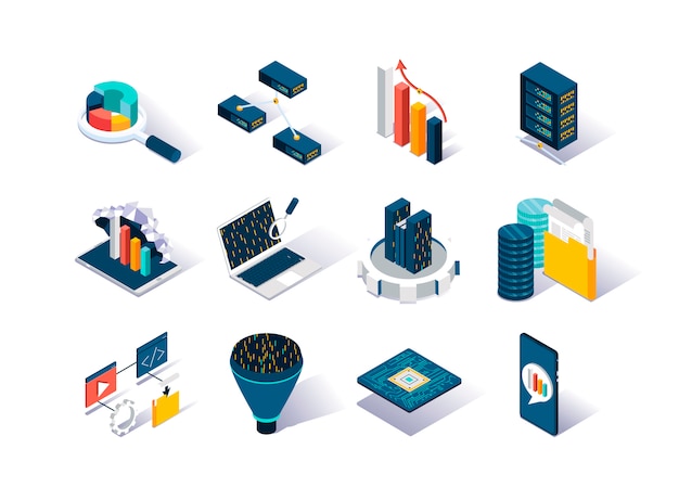 Vector big data isometric icons set.