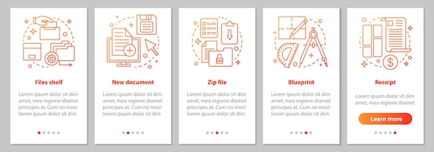 Schermata della pagina dell'app mobile per l'onboarding di big data con concetti lineari archiviazione di file nuovo documento file zip progetto di ricezione passaggi istruzioni grafiche ux ui gui modello vettoriale con illustrazioni