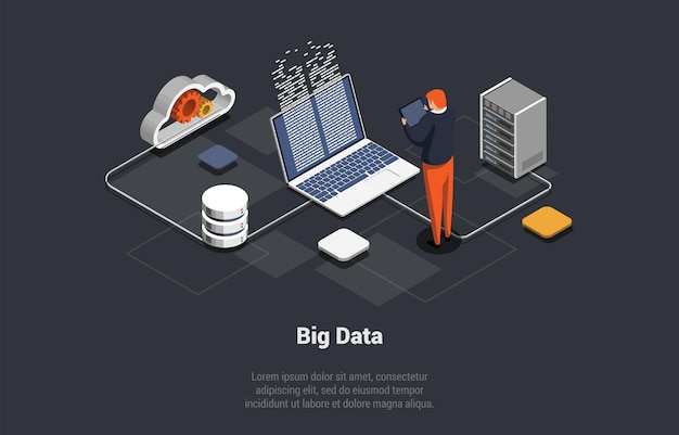 Big Data Processing Center Cloud Database Serverruimte met hardwarerekken of webhosting Manbediening van werkende Big Data-opslag en Cloud Computing Technologie Isometrische 3D-vectorillustratie