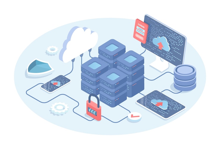 Vector big data processing center cloud database system network administration vector illustration in 3d