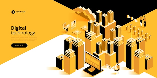 Big data processing concept, data center isometric illust