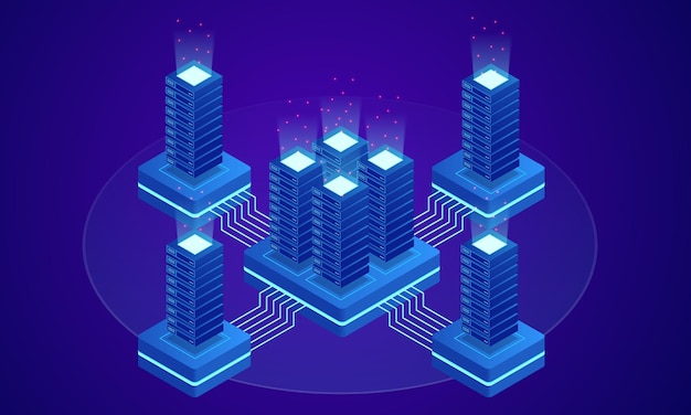 Big data storage e tecnologia di cloud computing machine learning concetto di intelligenza artificiale sala del data center con server di dati astratti e indicatori a led luminosi