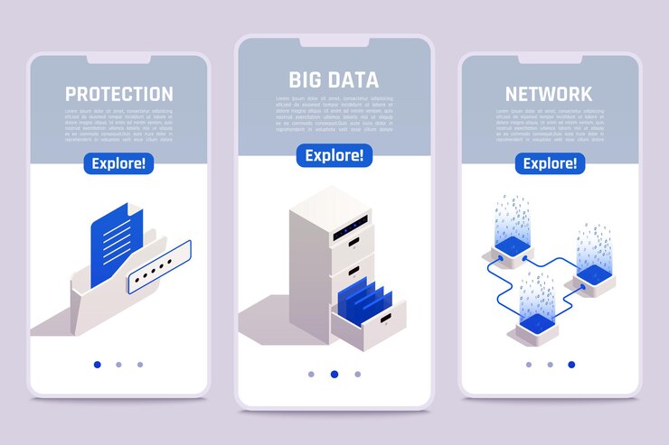Vector big data storage smartphone screen templates set