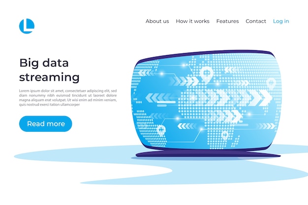 Big data streaming, global coonnections concept. landing page template. global swatches.