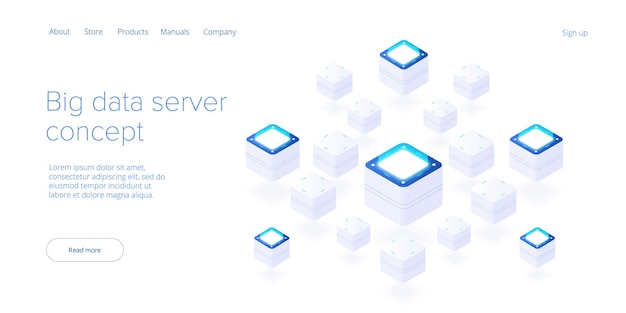 아이소메트릭 벡터 일러스트 레이 션의 빅 데이터 기술입니다. 정보 저장 및 분석 시스템. 디지털 기술 웹사이트 방문 페이지 템플릿입니다.