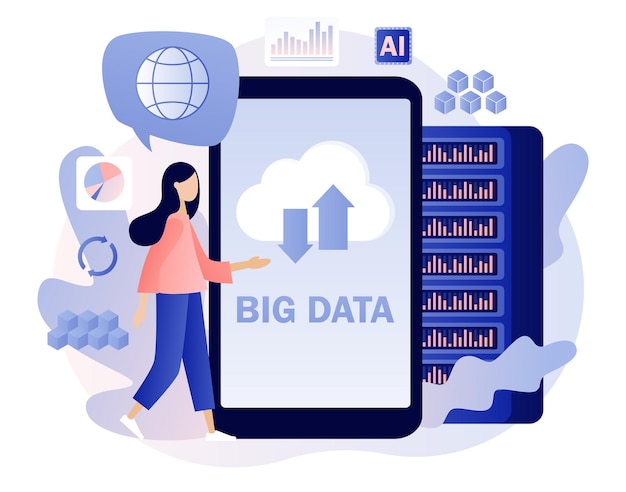 Big data-tekst op smartphonescherm Datawetenschap en banen Data-analyse Tiny woman data engineer